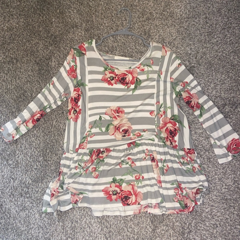 L Entro pink, green floral with white & gray stripes
